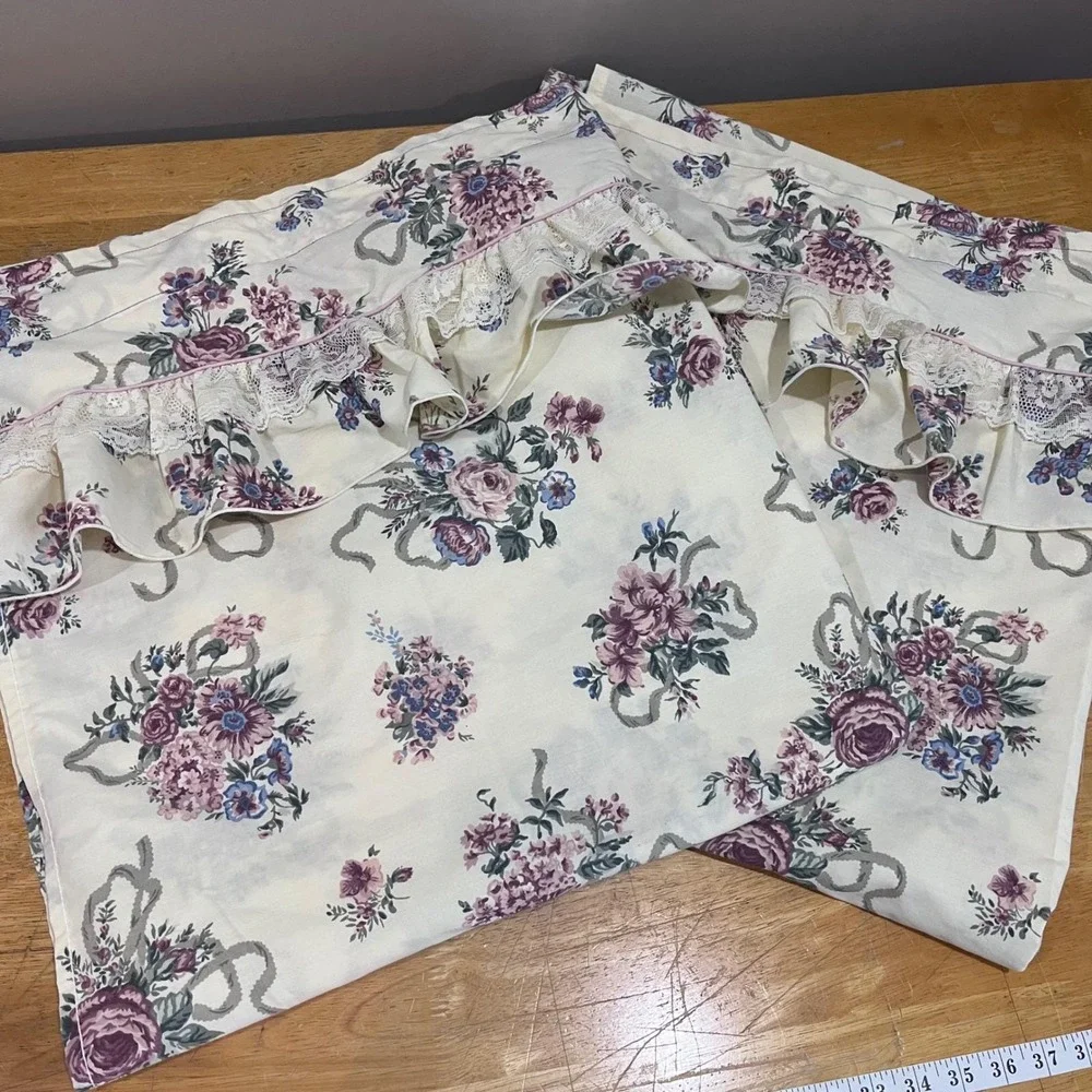 Handmade Floral Rose Ribbon Ruffle Lace Curtain Panels Cream Purple 39x86 Set‎ 2